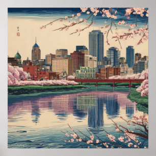 Vintage America Boston Ma Stadssilhuett Ukiyo Stil Poster