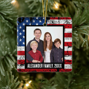 Vintage American Flagga Patriotic Family Photo Julgransprydnad Keramik
