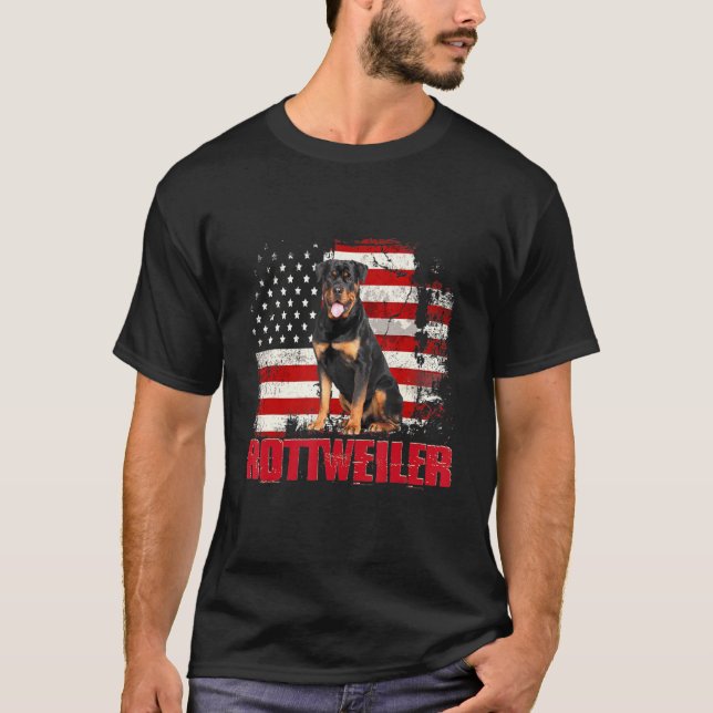 Vintage American Flagga Rottweiler Hund T Shirt (Framsida)