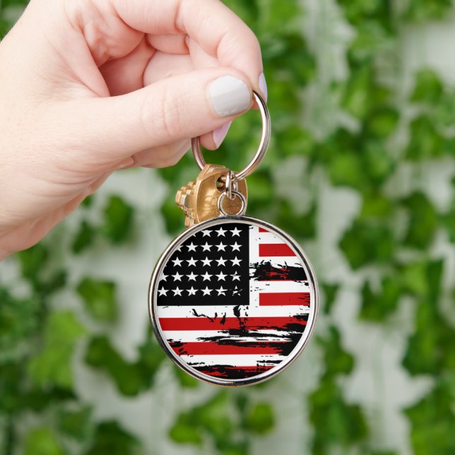 Vintage American Flagga Rund Silverfärgad Nyckelring (Hand)