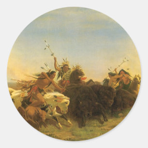 Vintage American Väster Art, Buffalo Hunt av Wimar Runt Klistermärke