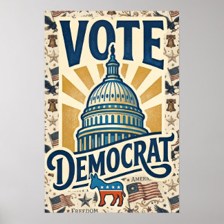 Vintage Americana Patriotisk Folkkonst Demokrat Rö Poster