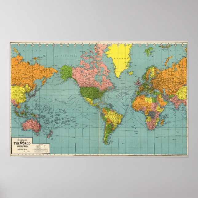 Vintage Amerika-centrerad världskartaffisch Poster (Framsidan)