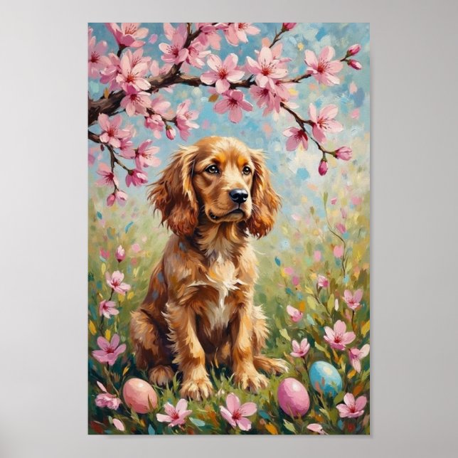 Vintage Amerikansk Cocker Spaniel Påskblomster Kon Poster (Framsidan)