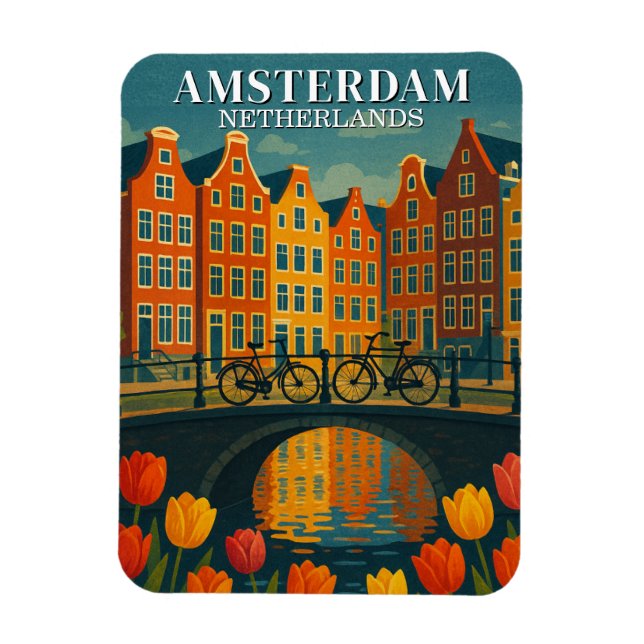 Vintage Amsterdam Bicycles on Bridge Flowers Magnet (Vertikal)