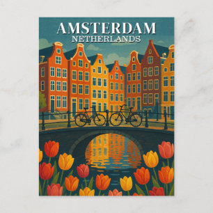 Vintage Amsterdam Cyklar på Bro Blommor Vykort