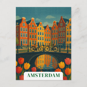Vintage Amsterdam Cyklar på Bro Blommor Vykort