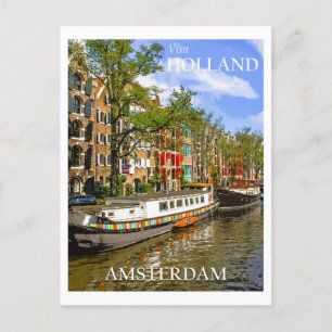 Vintage Amsterdam Nederländerna Canal Boat Travel Vykort