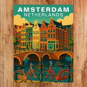 Vintage Amsterdam Nederländerna Kanaler & Cykel Vykort