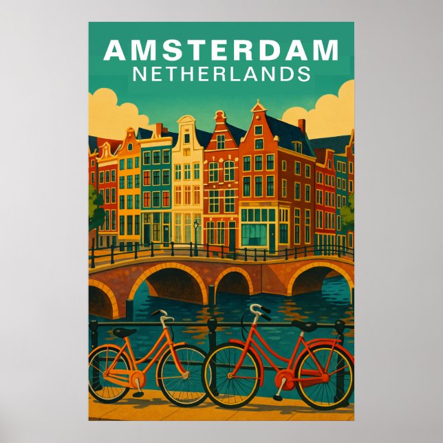 Vintage Amsterdam Netherlands Canals & Bicycle Poster (Framsidan)