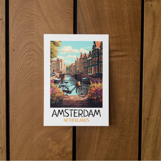 Vintage Amsterdam Netherlands Painting Vykort (amsterdam netherlands canal city painting postcard)