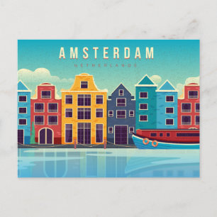 Vintage Amsterdam Netherlands Waterfront & Boat Vykort
