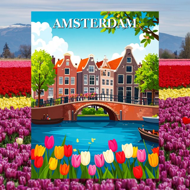 Vintage Amsterdam Resa Med Tulpaner Vykort (Vintage Amsterdam Travel With Tulips Postcard
)