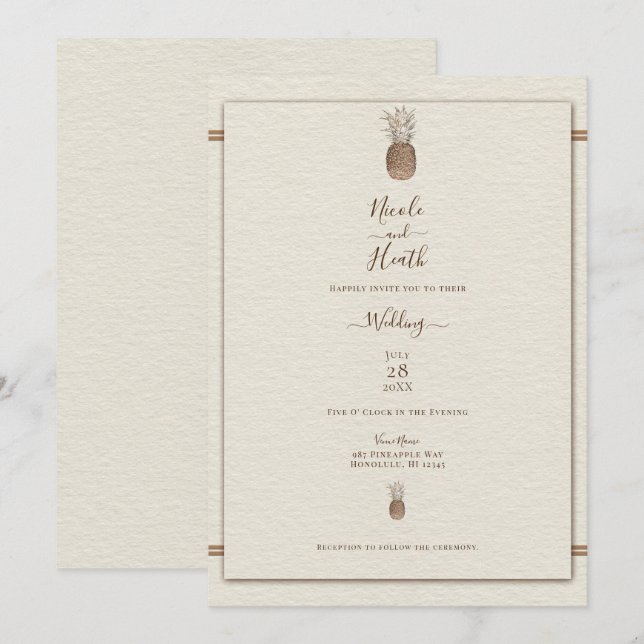 Vintage Ananas Minimalisk Elegant Kräm Bröllop Inbjudningar (Fram/baksida)