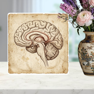 Vintage anatomisk hjärna bläckskiss Sepia Kakelplatta