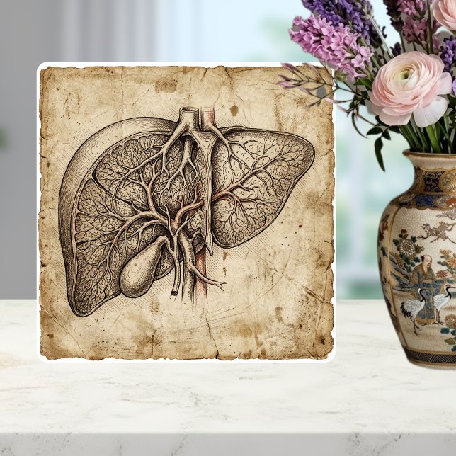 Vintage anatomisk lever bläckteckning Sepia Kakelplatta (Skapare uppladdad)