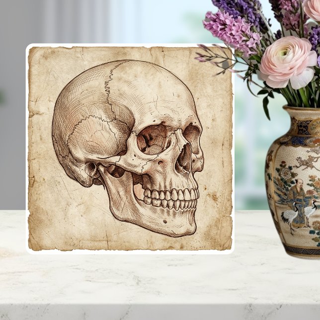 Vintage anatomisk skalle bläckteckning sepia kakelplatta (Skapare uppladdad)