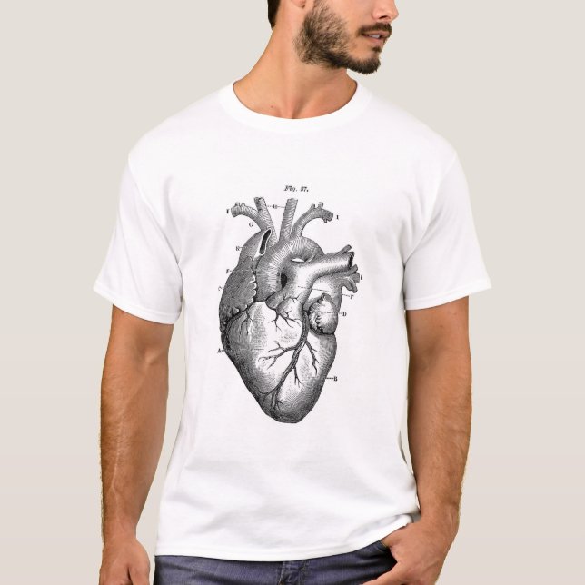 Vintage Anatomiskt Teckning Human Heart T Shirt (Framsida)