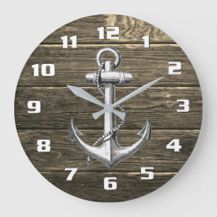 Vintage Anchor för Rustic Weasted Wood Nautical Stor Klocka
