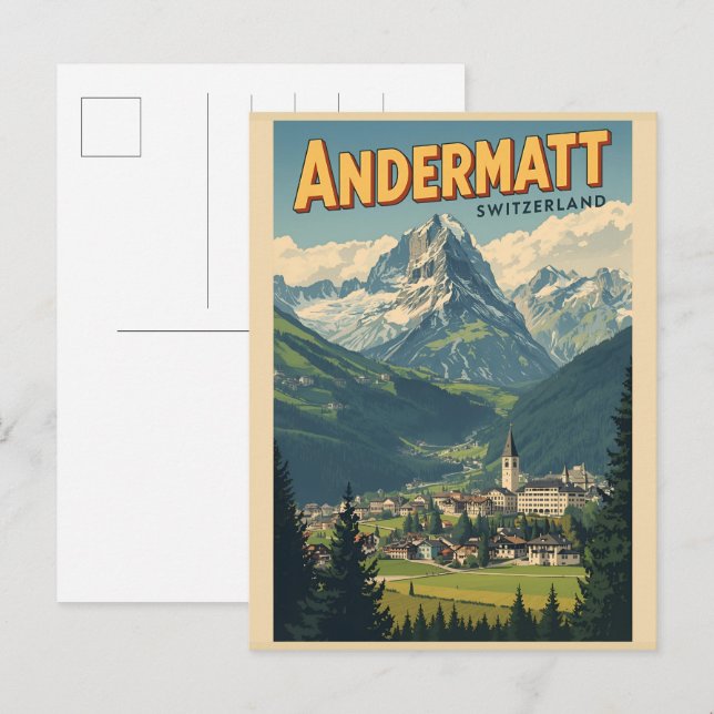 Vintage ANDERMATT skidåkning Schweiz Schweiz Alper Vykort (Fram/baksida)