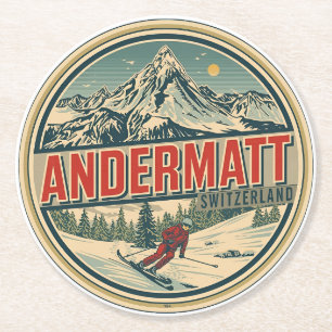 Vintage ANDERMATT skidort Schweiz Schweiziska Alpe Underlägg Papper Rund