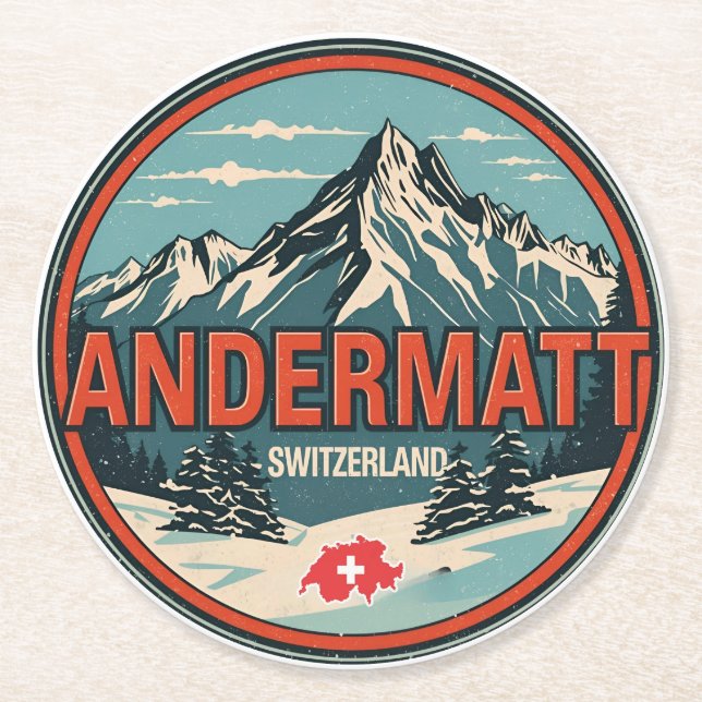 Vintage ANDERMATT skidutrustning Schweiz Schweizis Underlägg Papper Rund (Framsidan)