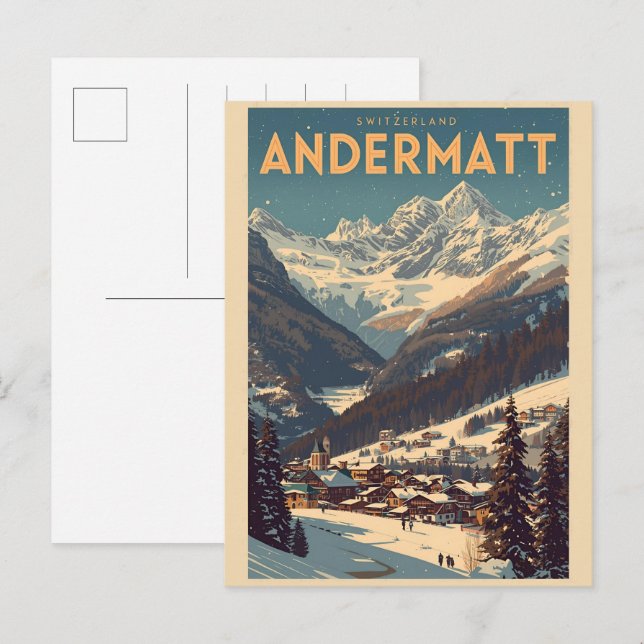 Vintage ANDERMATT skidutrustning Schweiz Schweizis Vykort (Fram/baksida)