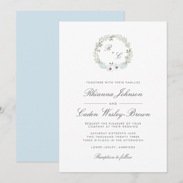Vintage Anemone Krans Monogram Bröllop Inbjudningar (Fram/baksida)