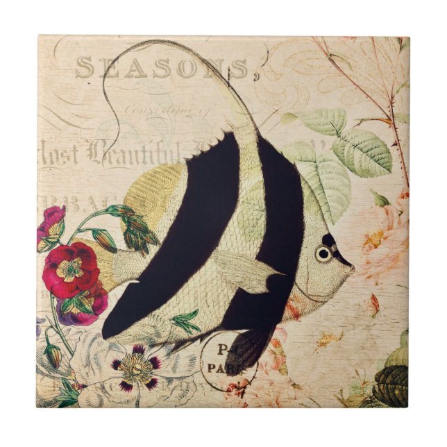 Vintage Angel Fish Fransk Blommigt Kakelplatta (Framsidan)