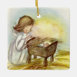 Vintage Angel Girl Watching Baby Jesus Sleeping Julgransprydnad Keramik