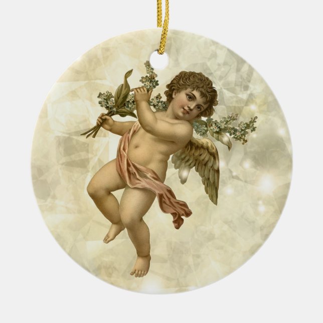 Vintage Angel Glittering Guld V1 ID136 Julgransprydnad Keramik (Framsidan)