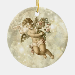 Vintage Angel Glittering Guld V3 ID136 Julgransprydnad Keramik