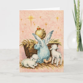 Vintage Angel och Lambs Sitta av en matare Helgkort