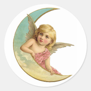 Vintage Angel på Crescent Måne Runt Klistermärke
