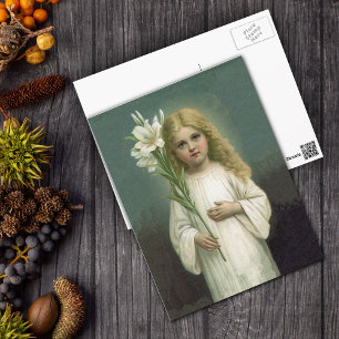 Vintage Angelic Girl White Dress Lily Flowers Vykort