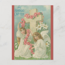 Vintage Änglar Med Ett Kors Rosa Blommor Påsk Vykort