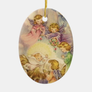 Vintage Änglar runt Baby Jesus Julgransprydnad Keramik