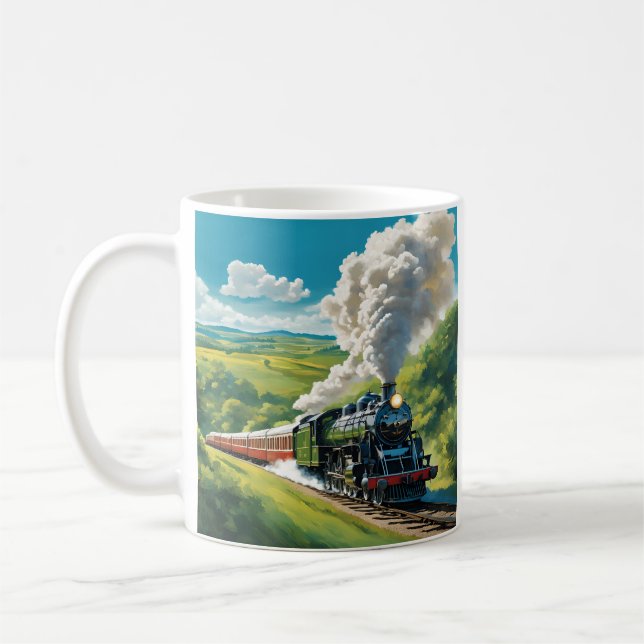 Vintage Ånglokomotiv Scenisk Illustration Mugg (Vänster)