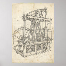 Vintage Ångmaskin Ritning Konst Poster