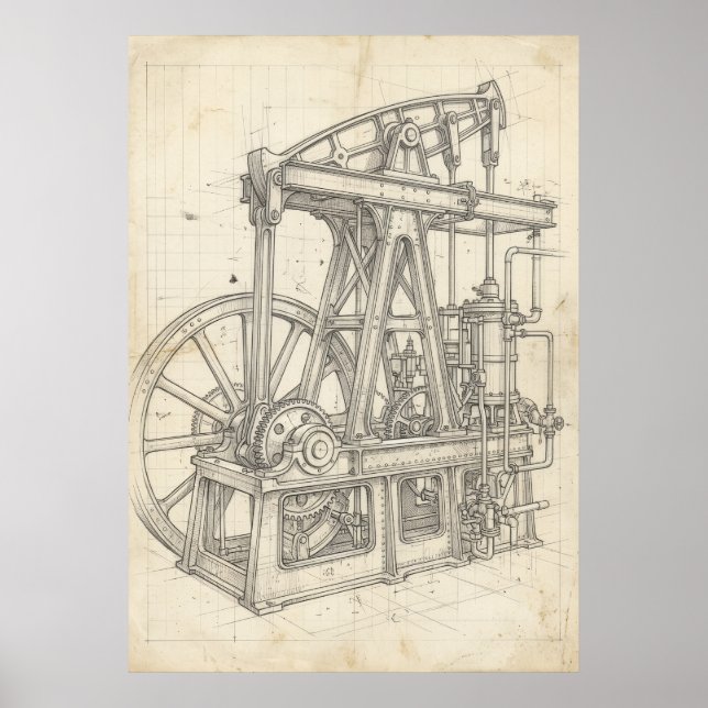 Vintage Ångmaskin Ritning Konst Poster (Framsidan)