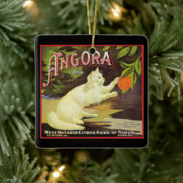 Vintage Angora White Cat Citrus Fruit Label Julgransprydnad Keramik