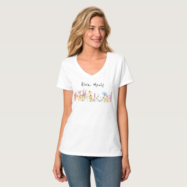 Vintage ängsblomma blomstermönster topp t shirt (Hel framsida)