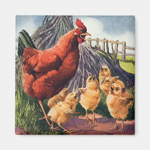 Vintage Animals, Chicken med Baby Chickar på gårde Magnet