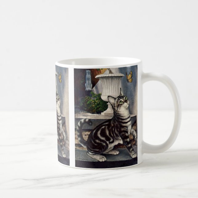 Vintage Animals, Cute Tabby katt snd Butterfly Kaffemugg (Höger)