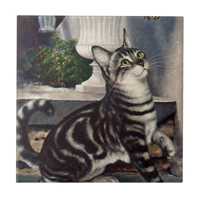 Vintage Animals, Cute Tabby katt snd Butterfly Kakelplatta (Framsidan)