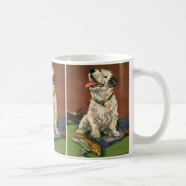 Vintage Animals, Cute Terrier Puppy Chewing Shoes Kaffemugg (Höger)