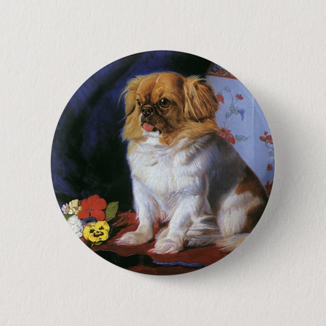 Vintage Animals, Leksak Pekingese Puppy Hund Knapp (Framsida)