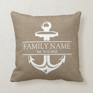 Vintage ankrar lantligt Burlapefternamn Kudde