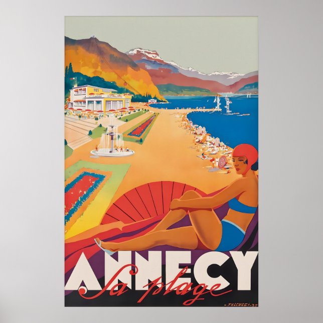 Vintage Annecy-resor Affisch Print, La Plage (Framsidan)
