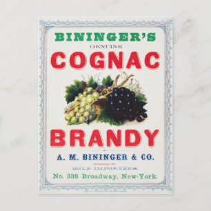Vintage annons för Biningers Cognac Brandy. Vykort